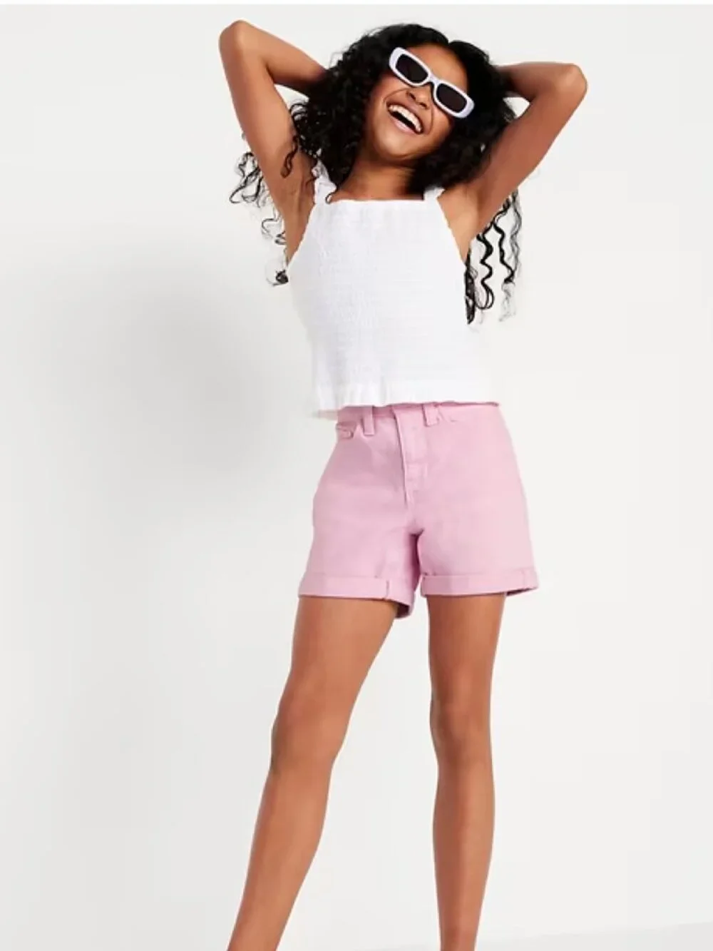 Old Navy High-Waisted Double-Rolled-Cuff Midi Shorts for Girls in Pink 5